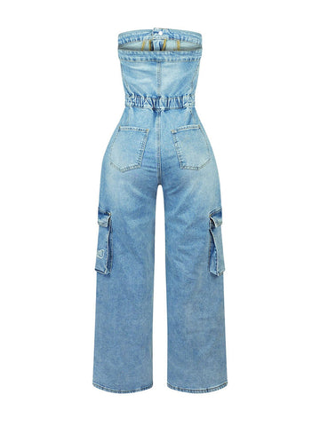 Cross Strapless Denim Jumpsuits