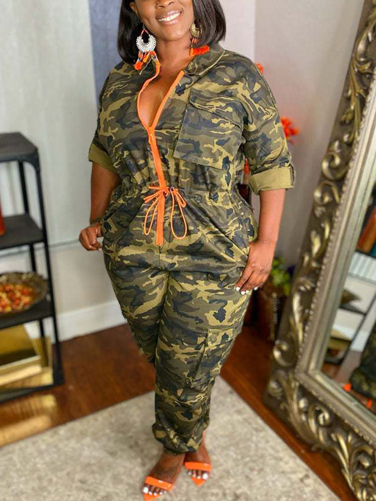 Camouflage Front Zipper Jumpsuits