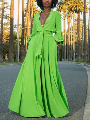 Button Down Slit V Neck Maxi Dresses