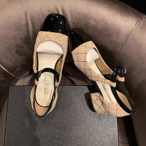 Women's Color-block Rhombic Square Toe Chunky Heel Shoes