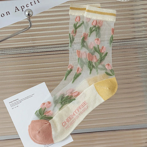 3 Pairs Tulip Pattern Women's Crystal Socks