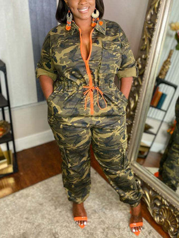 Camouflage Front Zipper Jumpsuits