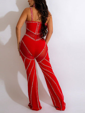 Rhinestone Mesh Contrast Jumpsuits