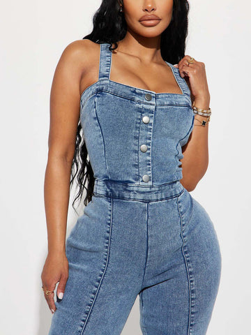 Sleeveless Flared Denim Jumpsuits
