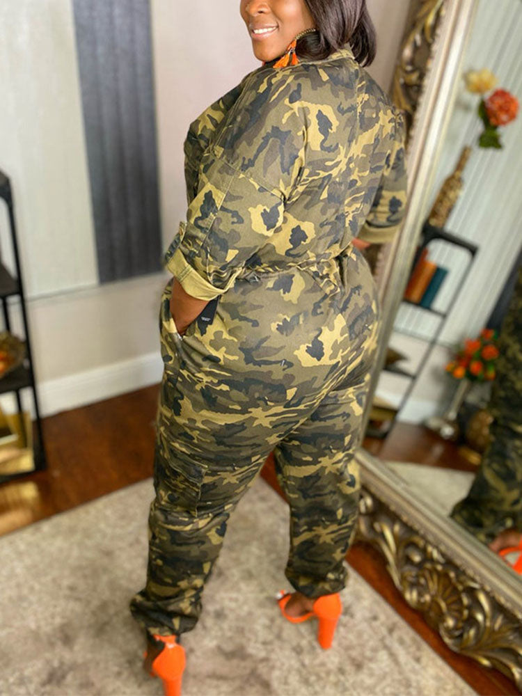 Camouflage Front Zipper Jumpsuits