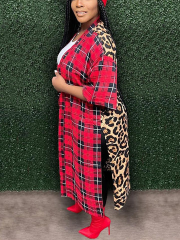 Leopard Plaid Patchwork Slit Cardigans