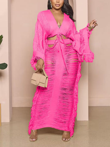 Knitted Tassel Drawstring Skirt Set