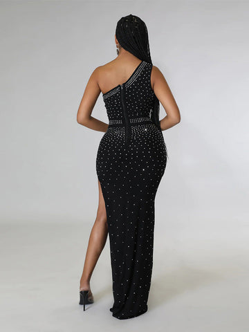 Rhinestone One Shoulder Slit Dresses