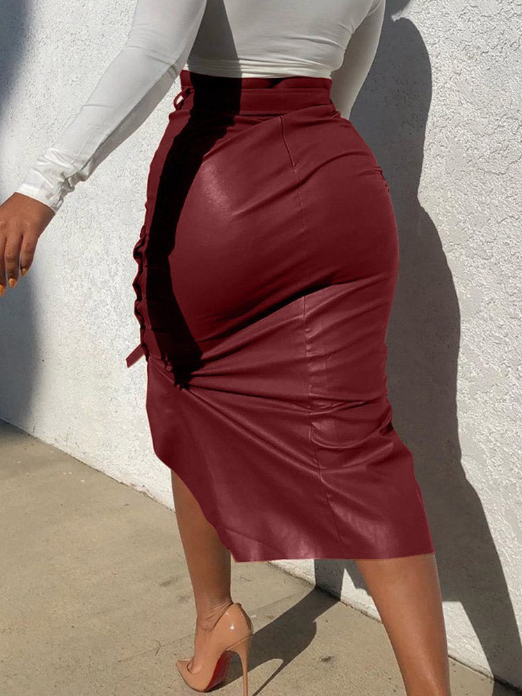 PU Belted Irregular Hem Skirts