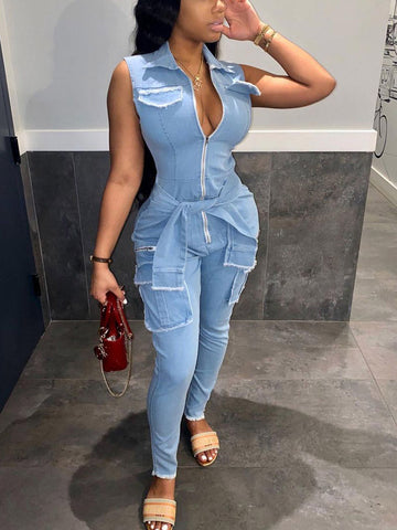 Sleeveless Cargo Denim Jumpsuits