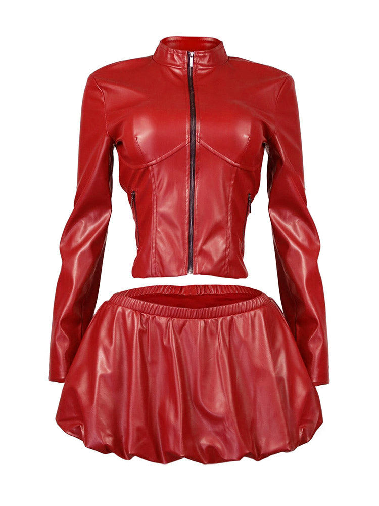 PU Jacket  Bubble Skirt Set