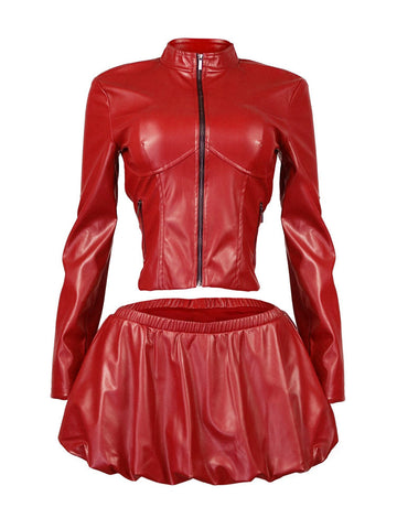 PU Jacket  Bubble Skirt Set