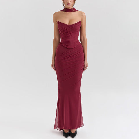 Purple  Strapless Bodice and High Waist Skirt with Tie Set