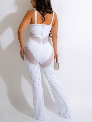 Rhinestone Mesh Contrast Jumpsuits