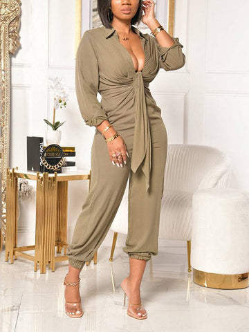 Casual Solid Turndown Collar Jumpsuits