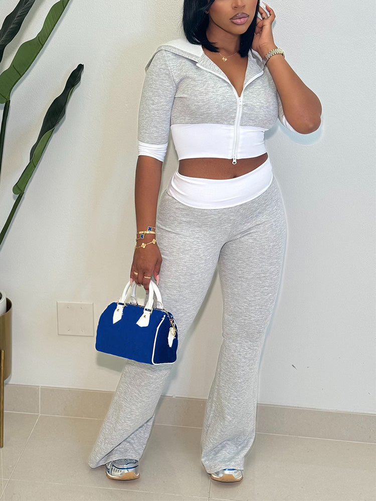 Contrast Hoodie  Flare Pants Set