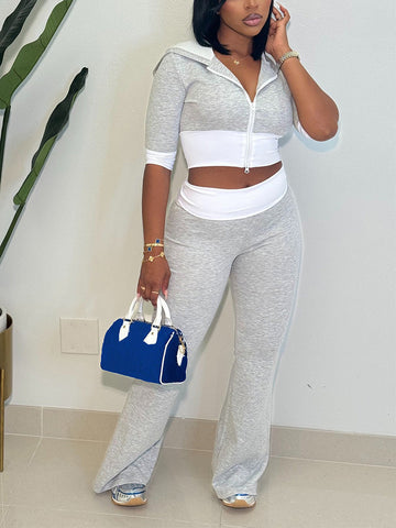 Contrast Hoodie  Flare Pants Set