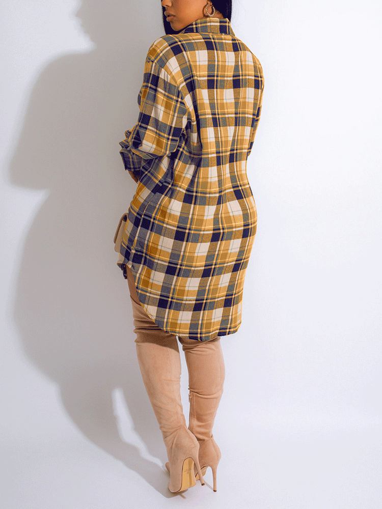 Long Sleeve Plaid Buckle Shirt Dresses