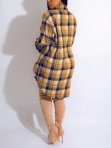 Long Sleeve Plaid Buckle Shirt Dresses