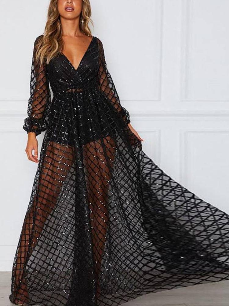 Sequin Mesh V Neck Maxi Dresses