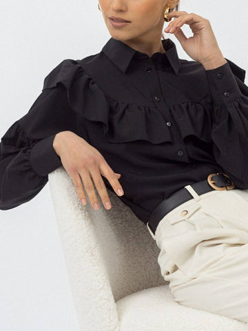 Ruffled Women Shirt Solid Slim Office Lady Frill Shirt
