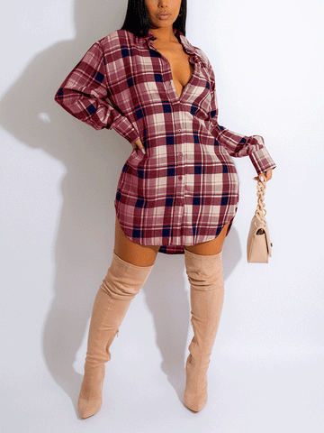 Long Sleeve Plaid Buckle Shirt Dresses