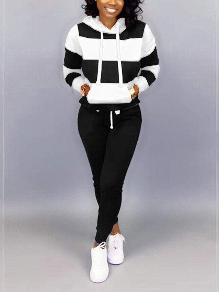 Striped Kangaroo Pocket Hooded Pants Set