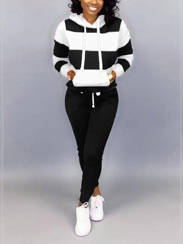 Striped Kangaroo Pocket Hooded Pants Set