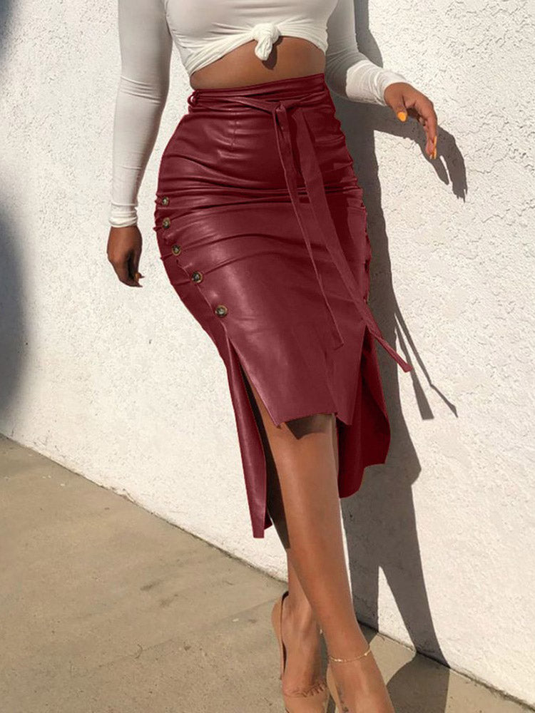 PU Belted Irregular Hem Skirts