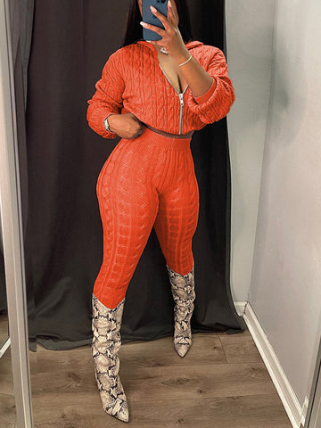 Knit Hoodie Zipper Top Pants Set