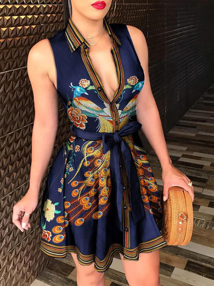 Printed V Neck Belt Dresses