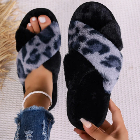 Leopard Print Cross Strap Plush Slippers