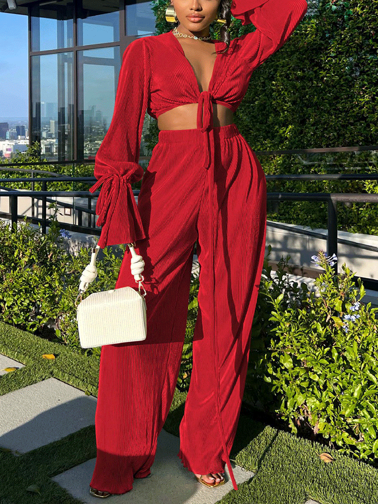 Flare Sleeve Crop Top Wide Leg Pants