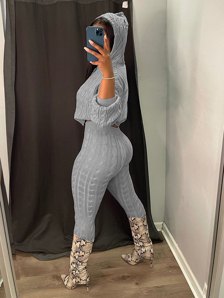 Knit Hoodie Crop Top Pants Set