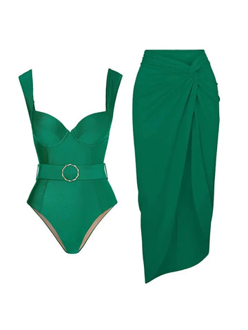 Solid Color Elegant One-Piece Swimsuit Set
