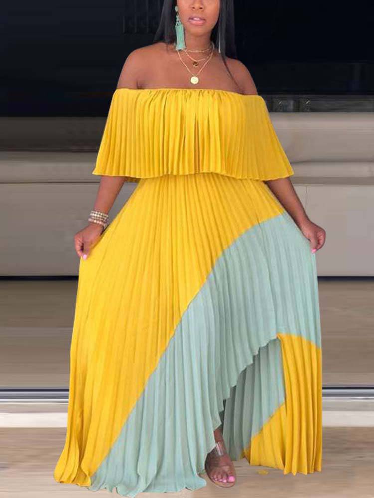 Off Shoulder Ombre Pleated Maxi Dresses