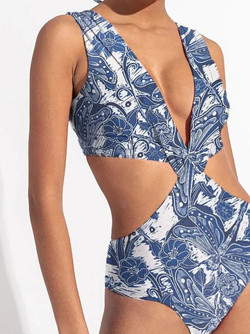 Dragonfly V Neck Cutout Skirted Swimsuit Set