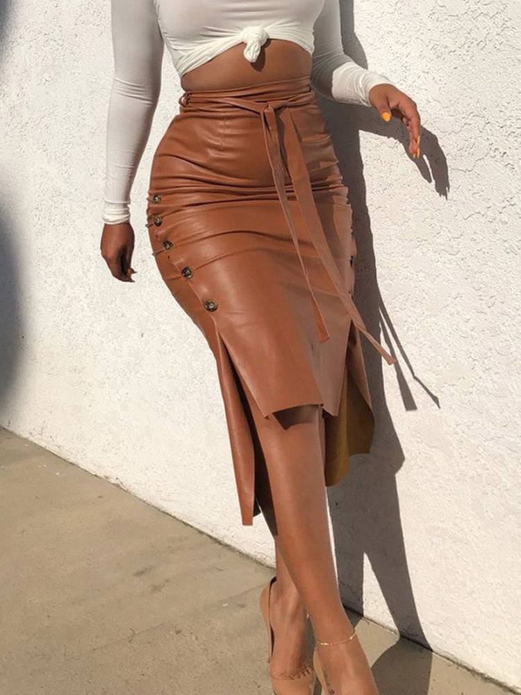 PU Belted Irregular Hem Skirts