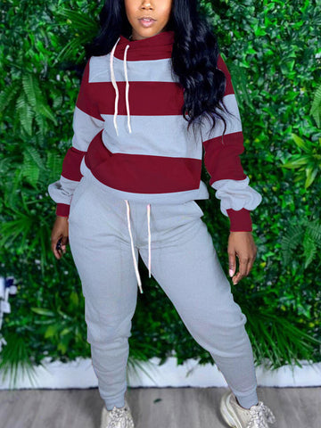Striped Kangaroo Pocket Hooded Pants Set