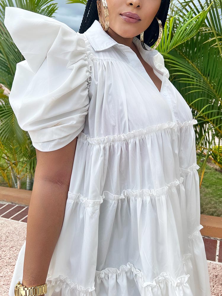 Puff Sleeve Ruffle Shirt Dresses
