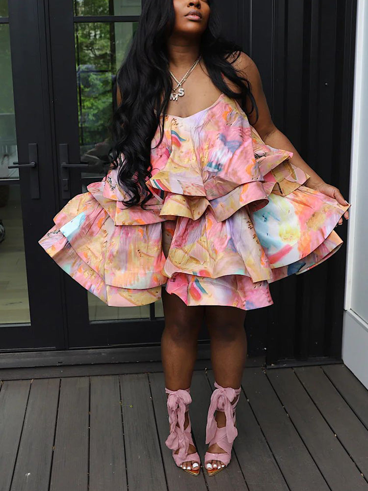 Spaghetti Strap Tiered Ruffle Mini Dresses