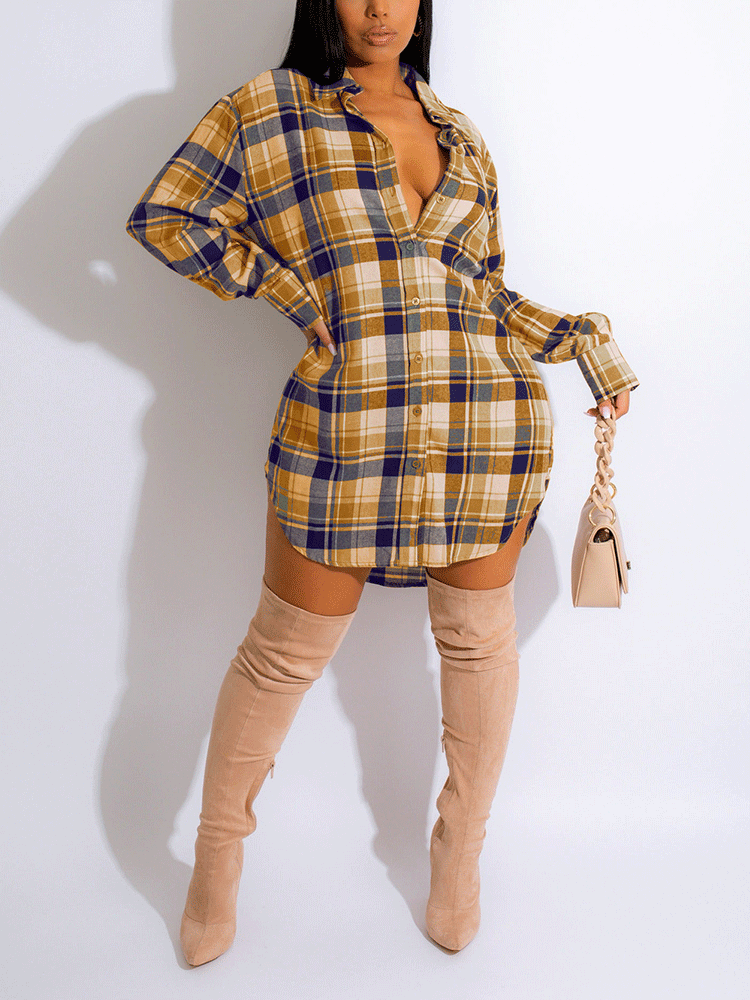 Long Sleeve Plaid Buckle Shirt Dresses