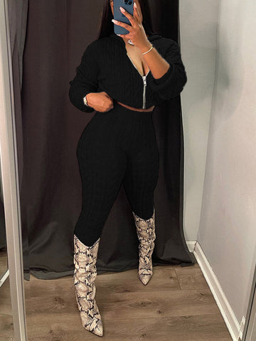 Knit Hoodie Zipper Top Pants Set