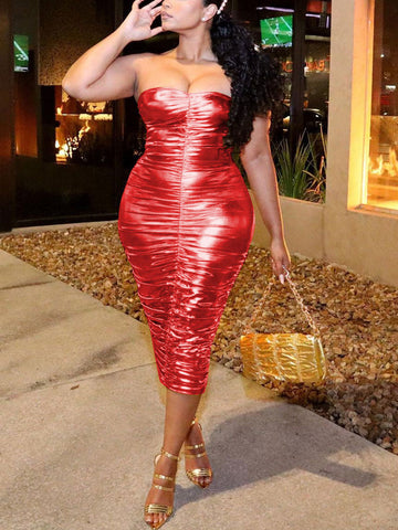 Bright Ruched Strapless Midi Dresses