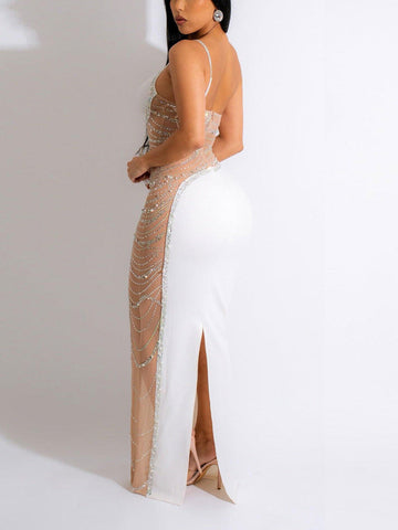 Rhinestone Pearls Mesh Asymmetrical Dresses