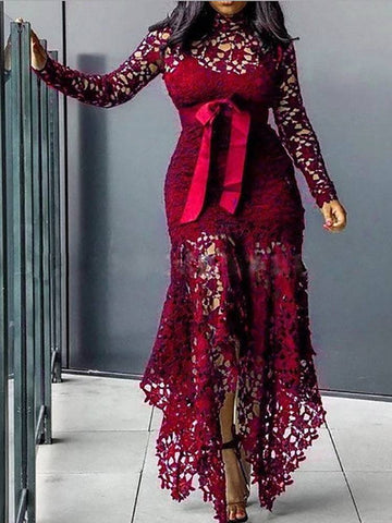 Lace O Neck Irregular Maxi Dresses