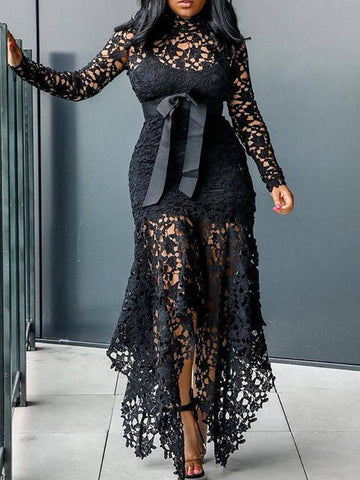 Lace O Neck Irregular Maxi Dresses