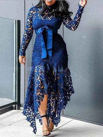 Lace O Neck Irregular Maxi Dresses