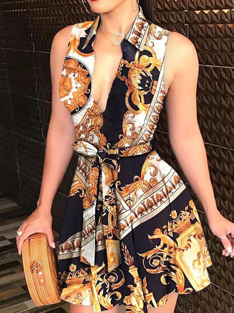 Printed V Neck Belt Dresses