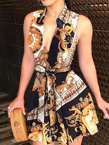 Printed V Neck Belt Dresses